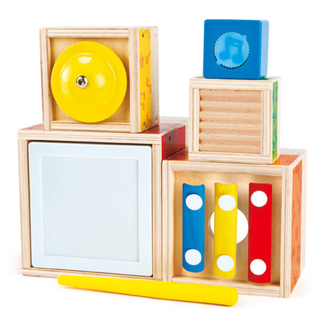 Stacking Music Set with colorful wooden blocks that create melody and rhythm for children ages 18 months and up.