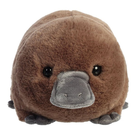Close-up of Spudster Platypus Pongo plush with warm brown body and gray feet and bill, perfect for cuddling.