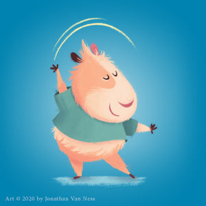 Illustration of Peanut the guinea pig joyfully performing rhythmic gymnastics in "Peanut Goes for Gold" picture book.