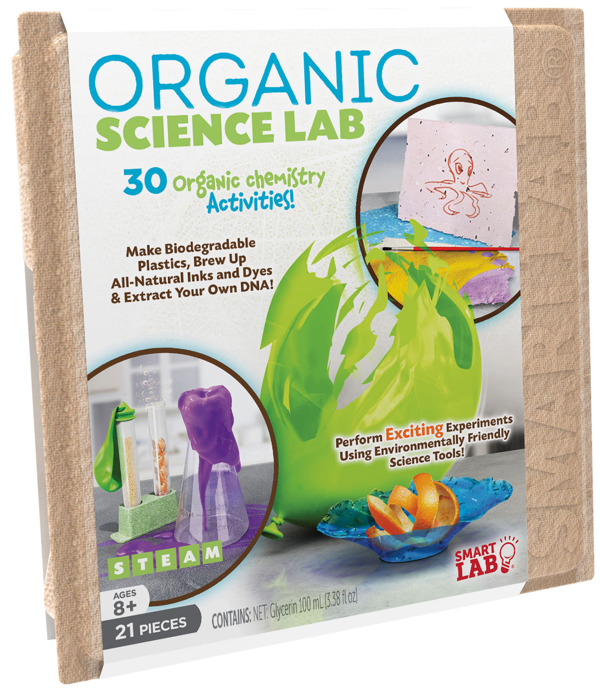 Organic Science Lab kit with eco-friendly tools for 30 hands-on organic chemistry and STEAM science experiments for kids.
