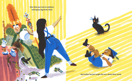 Illustration from Everyone's Awake showing a girl pointing at a woman in costume, a cat, and a boy lying on striped floor.