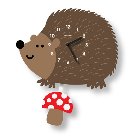 Acrylic Pendulum Clock | Hedgehog with a mushroom pendulum, laser-cut acrylic, silent quartz movement, matte finish wall clock.