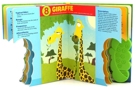 Farts in the Wild! children’s book open to giraffe fart facts with funny illustrations and a green battery-powered fart machine.
