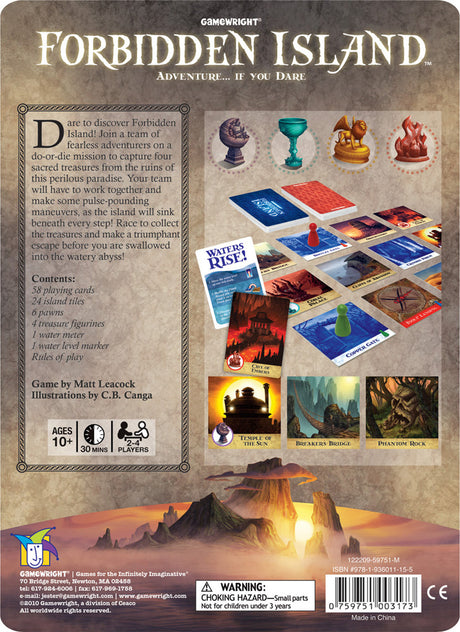Forbidden Island board game showing cards, pawns, tiles, and treasures in an adventurous setup for players.