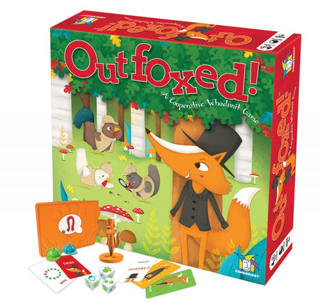 Outfoxed board game box with fox figurine, clue cards, dice, and detective tools for cooperative whodunit fun.