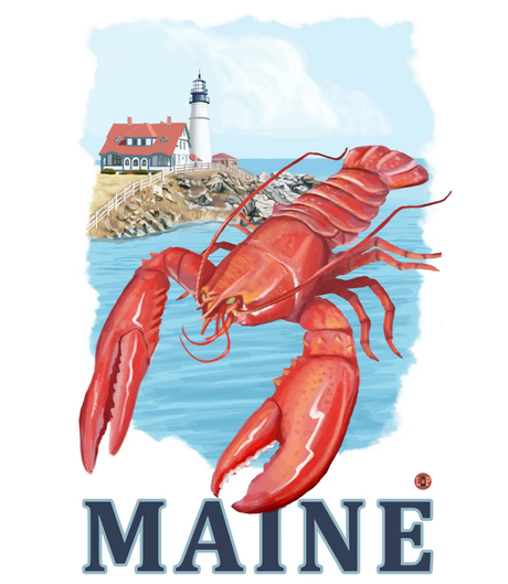 1000pc Maine Lobster Puzzle featuring a lobster illustration with a classic Maine lighthouse and coastal background.