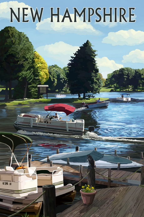 1000pc NH Pontoon & Lake Puzzle depicting a scenic New Hampshire lake with boats and lush trees under a blue sky.