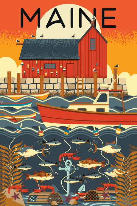 1000pc Geometric Maine Puzzle featuring a vibrant Maine port scene with boats, fish, and a red building at sunset.