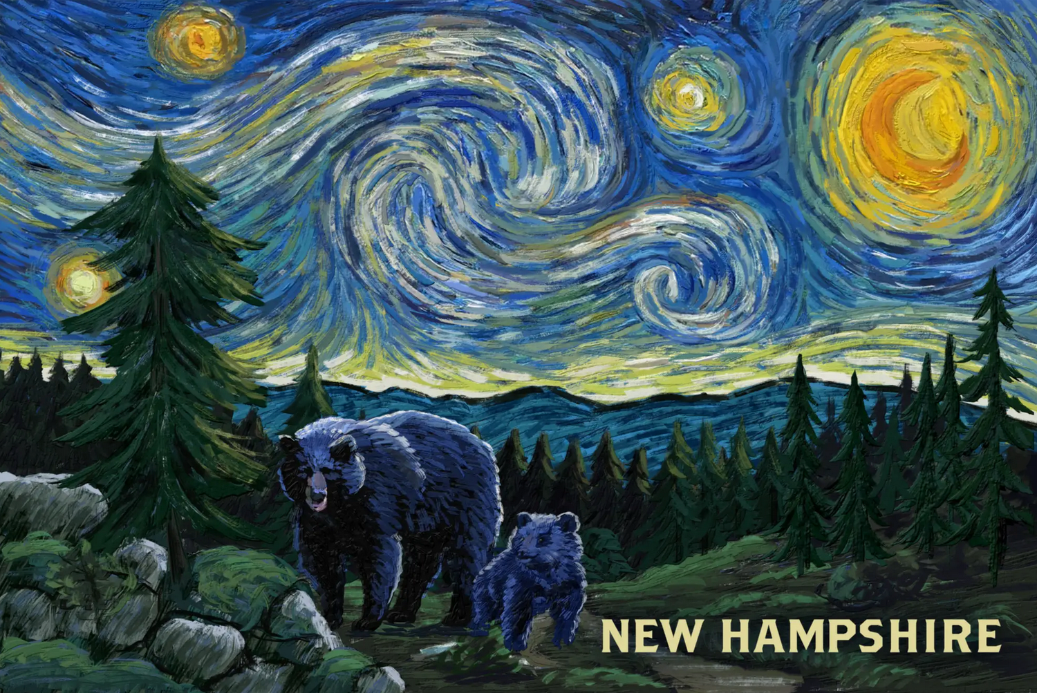 1000pc NH Starry Night Puzzle featuring a New Hampshire night sky with bears, trees, and swirling stars.