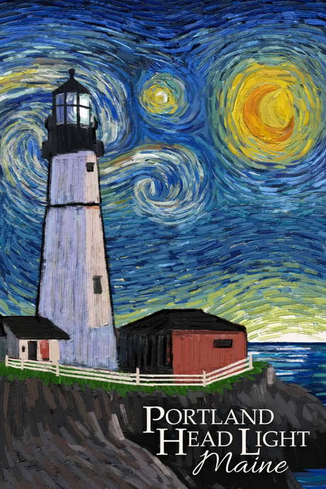 1000pc Portland Head Light Puzzle showing a swirling night sky over the iconic Maine lighthouse and rocky coast.