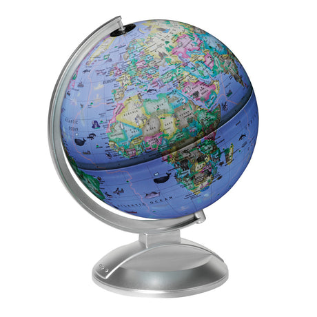 Kids Globe showing a colorful political map with drawings of animals, landmarks, and countries for children.