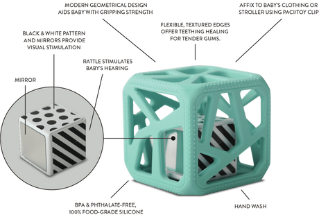 Chew Cube | Grey with textured teething edges, flexible holes, and black and white patterned sensory rattle with mirrors.