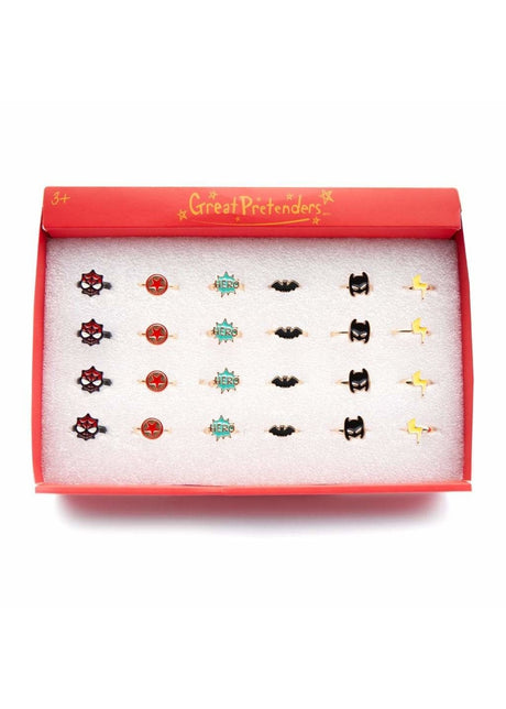 Superhero Ring set featuring adjustable rings with assorted fun superhero styles for kids aged 3 and up.