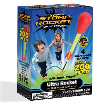 Stomp Rocket Ultra with 4 foam-tipped rockets launching up to 200 feet, kid-powered fun for ages 5 and up.