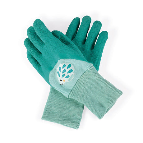 Happy Garden Gloves in teal with textured latex grip and hedgehog design, perfect for kids aged 3-8 gardening.
