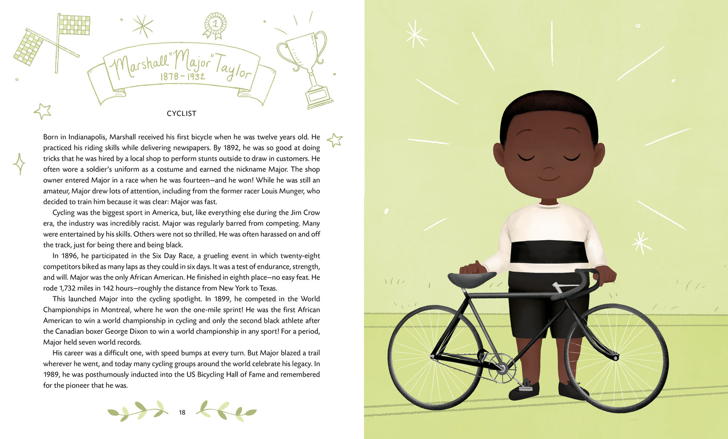 Little Legends Exceptional Men in Black History book featuring Marshall Major Taylor biography and illustrated cyclist character.