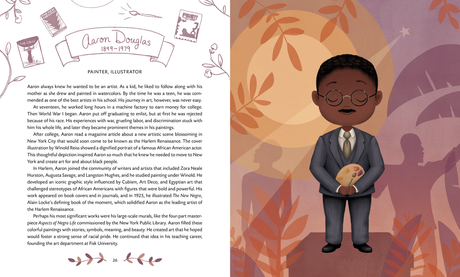 Little Legends Exceptional Men in Black History book open to Aaron Douglas biography with illustrated portrait on right page.