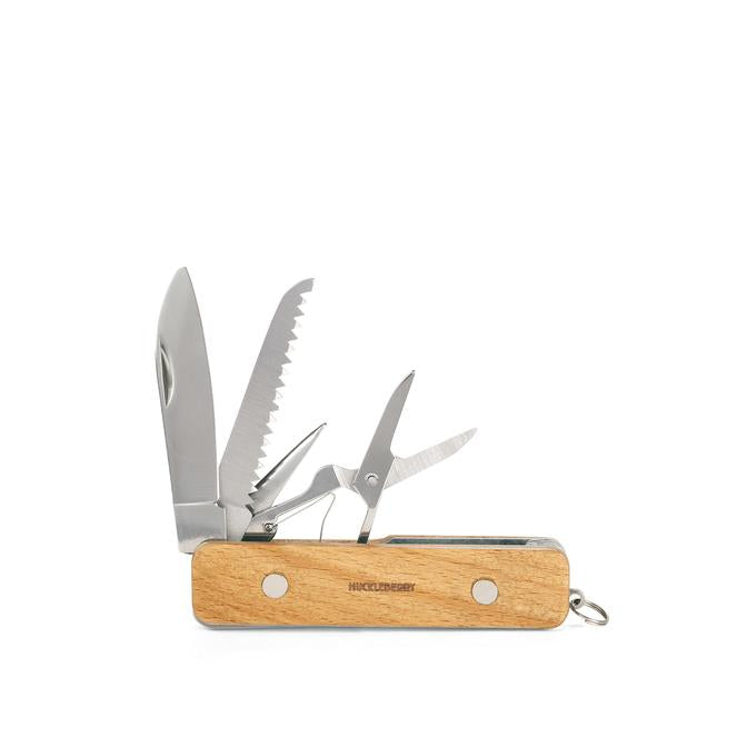 Huckleberry First Pocket Knife with wooden handle features knife, saw, scissors, and awl for outdoor use.