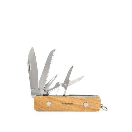 Huckleberry First Pocket Knife with wooden handle features knife, saw, scissors, and awl for outdoor use.