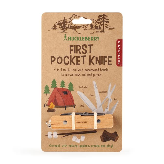 Huckleberry First Pocket Knife with saw, knife, scissors, and awl in beechwood handle outdoor multi-tool.