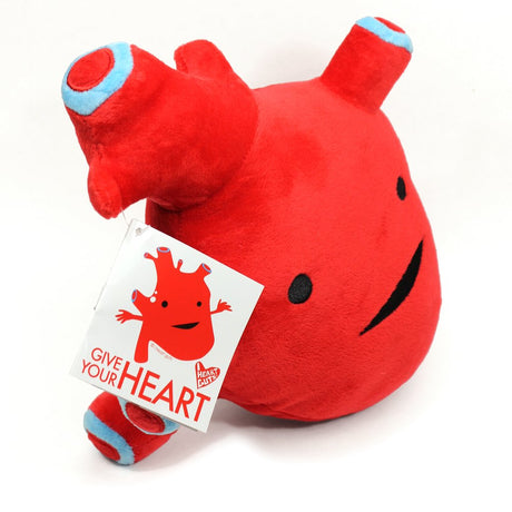 Heart plush toy with embroidered friendly face and educational booklet hangtag, soft and perfect for hugging.