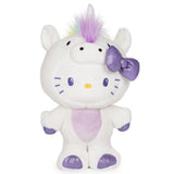 Hello Kitty Unicorn plush wearing a white unicorn hoodie with purple bow and sparkling hooves, 9.5 inches tall.