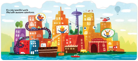 Here Come the Helpers board book city scene with fire station, police, ambulance, and emergency vehicles in action.