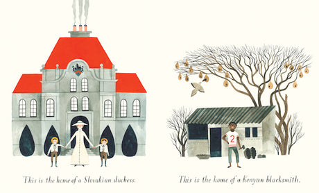 Illustration from Home showing the Slovakian duchess’s house and the Kenyan blacksmith’s home in a friendly, artistic style.
