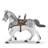 Horse in Armor figurine featuring detailed silver armor on chest, head, and hindquarters with a brown saddle on white horse.