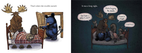 Hotel Bruce book illustration showing Bruce the bear grumpily confronting animals in his den at night.