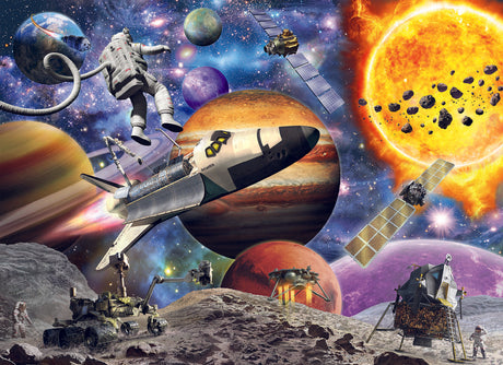 60pc Explore Space Puzzle featuring astronauts, space shuttle, planets, satellites, and lunar surface with rovers and exploration gear.