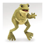Funny Frog Puppet with expressive eyes, wide smile, and textured chartreuse fabric, featuring movable mouth and front legs.