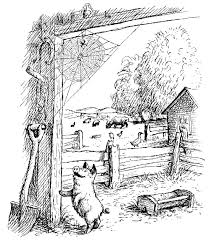 Charlotte's Web black and white illustration showing Wilbur the pig near a spiderweb inside a barn.