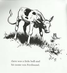 The Story of Ferdinand black and white illustration of a peaceful little bull smelling flowers under a tree.