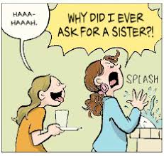 Comic-style illustration from the book Sisters showing two girls, one shouting, capturing sibling dynamics.
