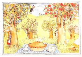 Each Peach Pear Plum board book illustration showing a pie and trees with hidden fairy tale characters in a sunny orchard scene.