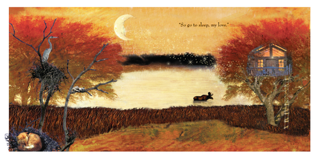 Illustration from It's Time to Sleep My Love showing a peaceful night with animals and a treehouse under a crescent moon.