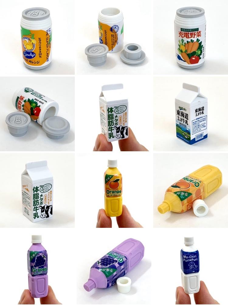 Japanese Eraser Drink puzzle erasers shaped like assorted beverage containers, eco-friendly and handmade in Japan.