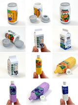Japanese Eraser Drink puzzle erasers shaped like assorted beverage containers, eco-friendly and handmade in Japan.