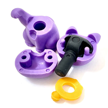 Japanese Eraser Maneki Cat in purple, showing puzzle eraser parts disassembled and eco-friendly handcrafted design.