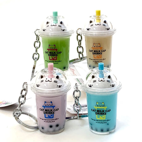 Cat Boba Tea KeyChain featuring colorful cat-themed boba drink designs with key ring and clip, assorted colors.