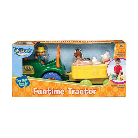 Funtime Tractor toy with farmer, five animals, and trailer that makes sounds and plays melodies for toddlers.