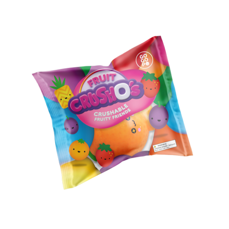 Fruit CrushOs Orange in colorful packaging, a squeezable fruit toy perfect for fidgeting and squishing fun.