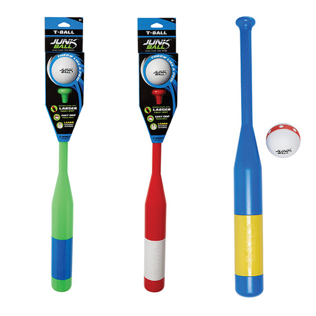 JunkBall T-Ball Bat & Ball Set in green, red, and blue with soft foam balls for kids ages 5 and up.