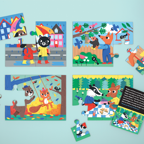 4-12pc Kindness Progressive Puzzles showing four colorful animal scenes with varying puzzle piece counts for ages 2-5.