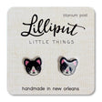 Tuxedo Kitty Earrings featuring detailed black and white cat faces with titanium posts, handmade in New Orleans.