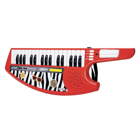 Power Star Keytar Electronic Instrument in red with zebra design, working keyboard, shoulder strap, and volume control.