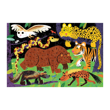 100pc Glow-in-the-Dark Land Predators Puzzle featuring colorful wild animals in a vibrant forest scene.