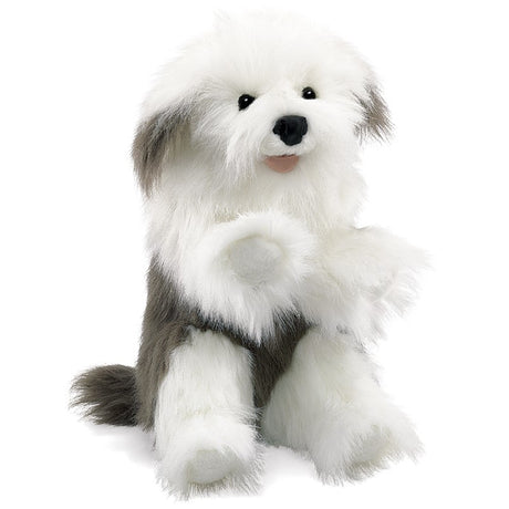 Sheepdog Puppet with fluffy white and gray fur, lifelike features, and movable paws for interactive play.