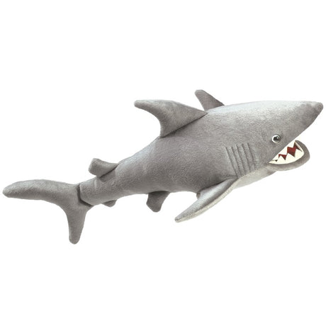Soft gray Shark Puppet with vinyl teeth and velour skin, measuring 22 inches long, for ages 3 and up.